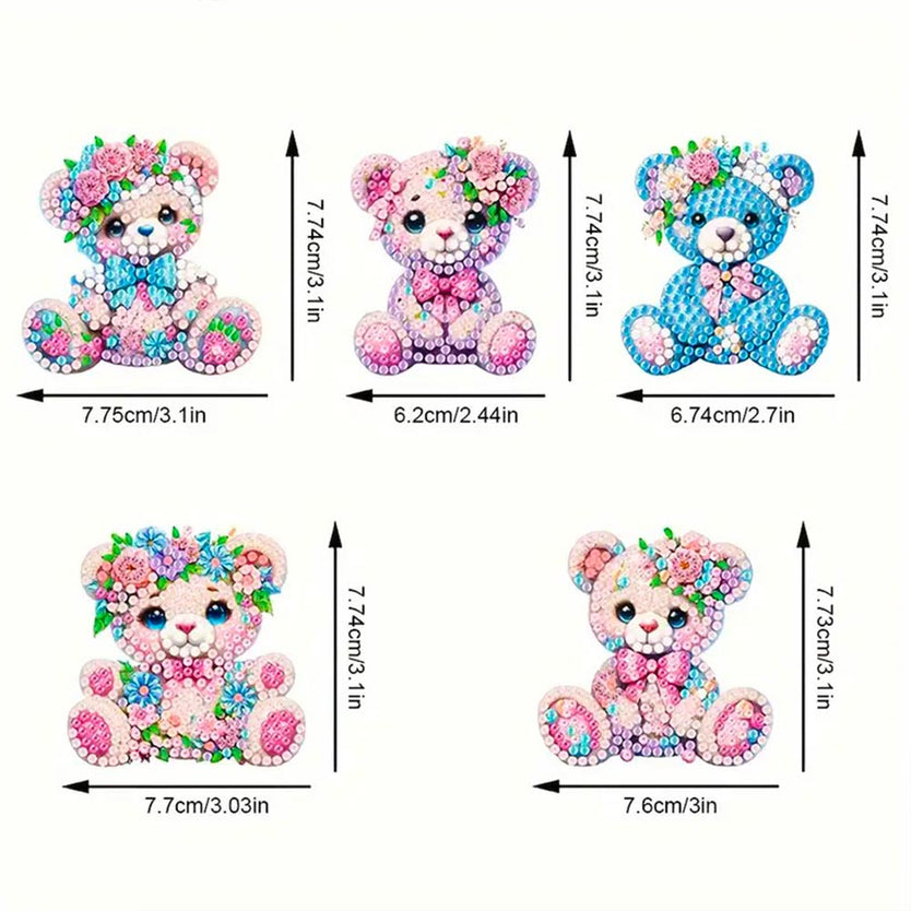 5D Diamond Painting Anhänger – Teddys im Blumenparadies 5 Stück, Unique-Diamond