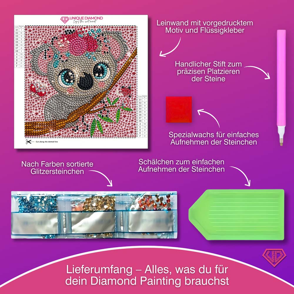 5D Diamond Painting Koala-Mädchen Kiki mit Strasssteinchen, Unique-Diamond
