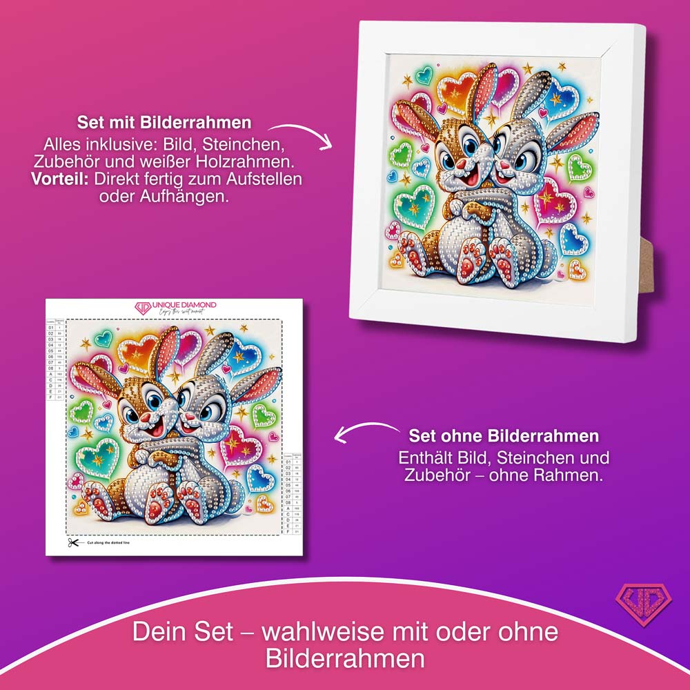 5D Diamond Painting Kuschelnde Häschen Finja & Flocke mit Strasssteinchen, Unique-Diamond