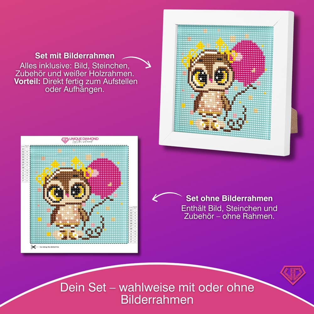 5D Diamond Painting Mini-Bild – Party-Eule Elina mit Herzballon, Unique-Diamond