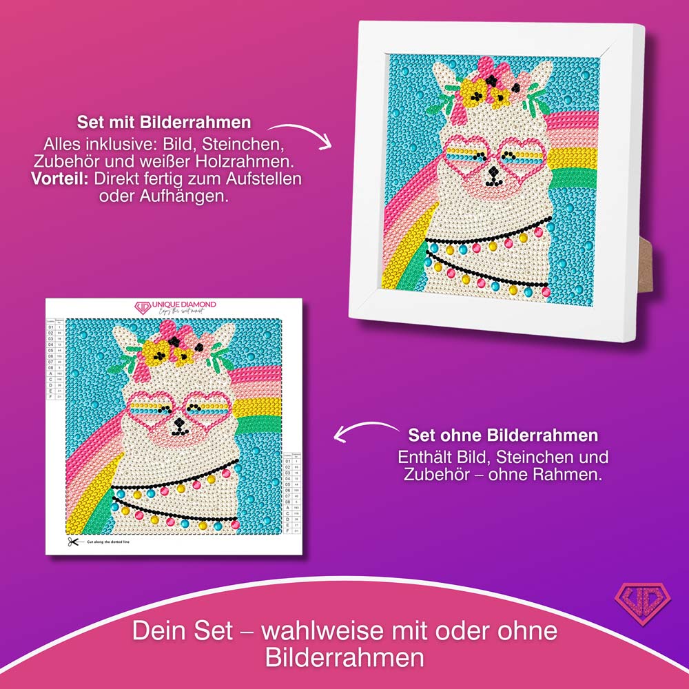 5D Diamond Painting Regenbogen-Alpaka Gloria mit Strasssteinchen, Unique-Diamond