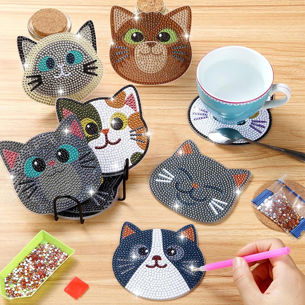 5D Diamond Painting Untersetzer Katzen 10 Stück, Unique-Diamond