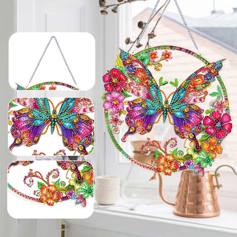 5D Diamond Painting Wandanhänger – Farbenflügel im Blütenkreis