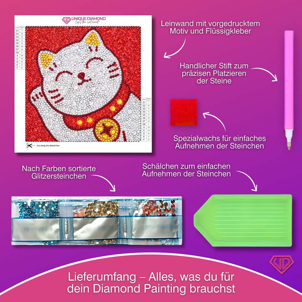5D  Diamond Painting Maneki Miau – Glückskatze mit Strasssteinchen, Unique-Diamond