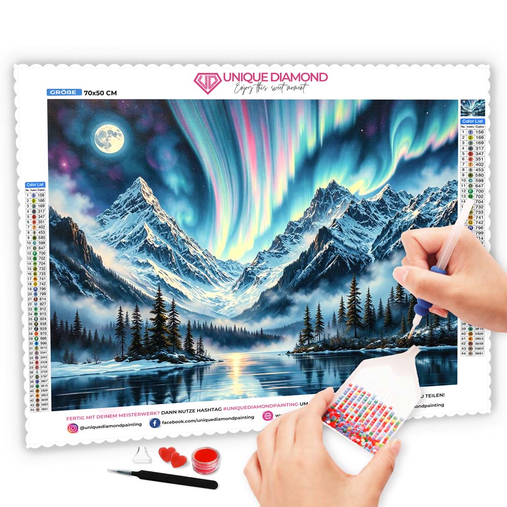 5D Diamond Painting - Polarlichter über den Bergen, Unique-Diamond