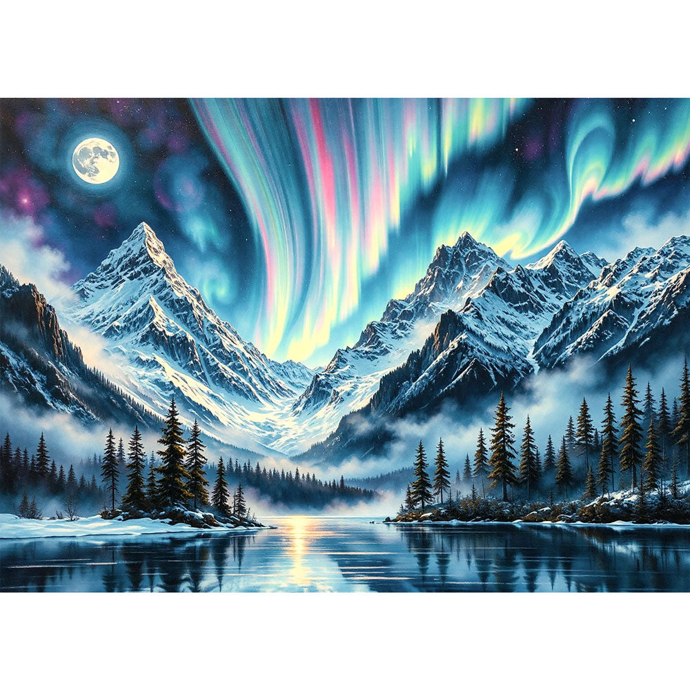 5D Diamond Painting - Polarlichter über den Bergen, Unique-Diamond
