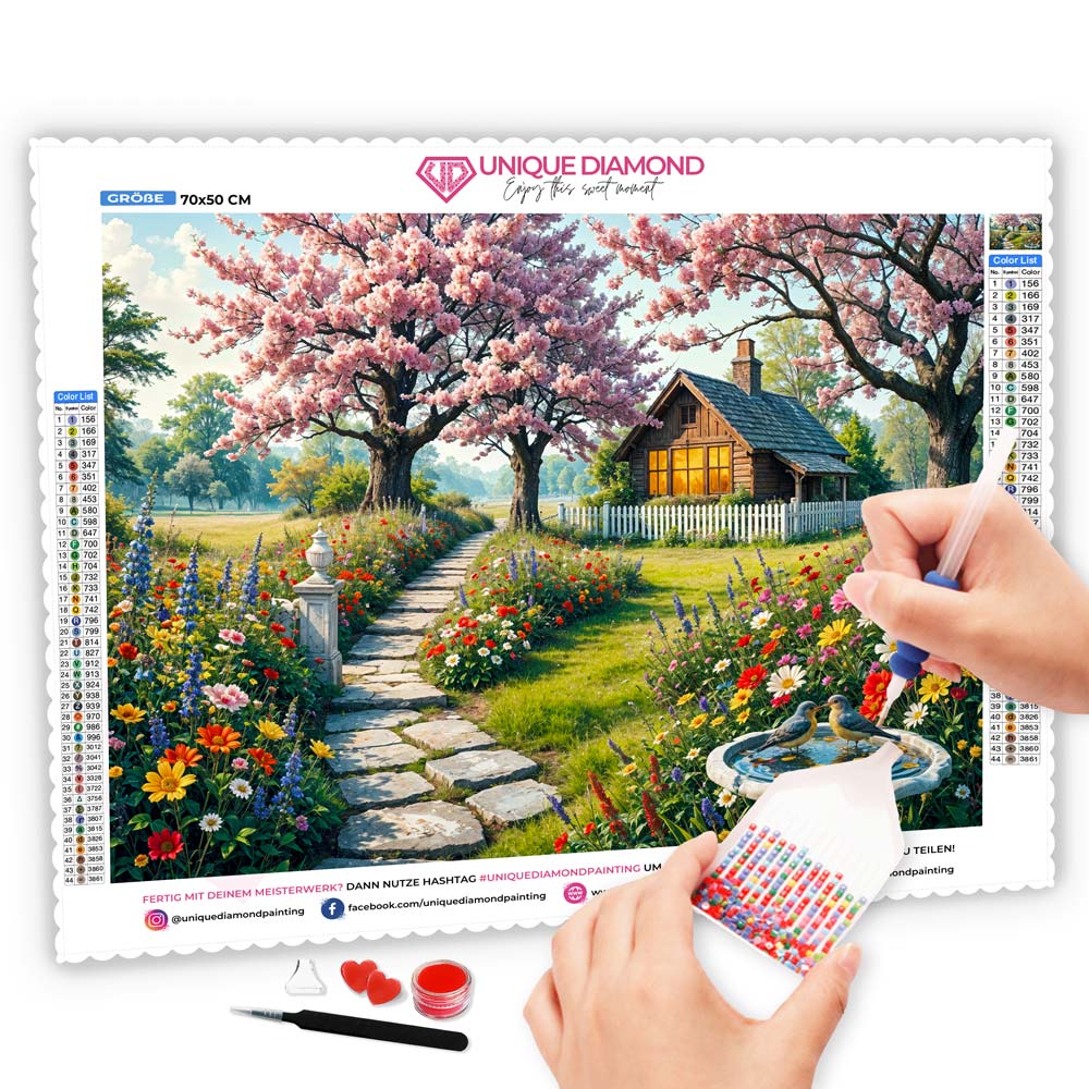 5D Diamond Painting AB Effekt – Blühender Garten mit Landhaus, Unique-Diamond