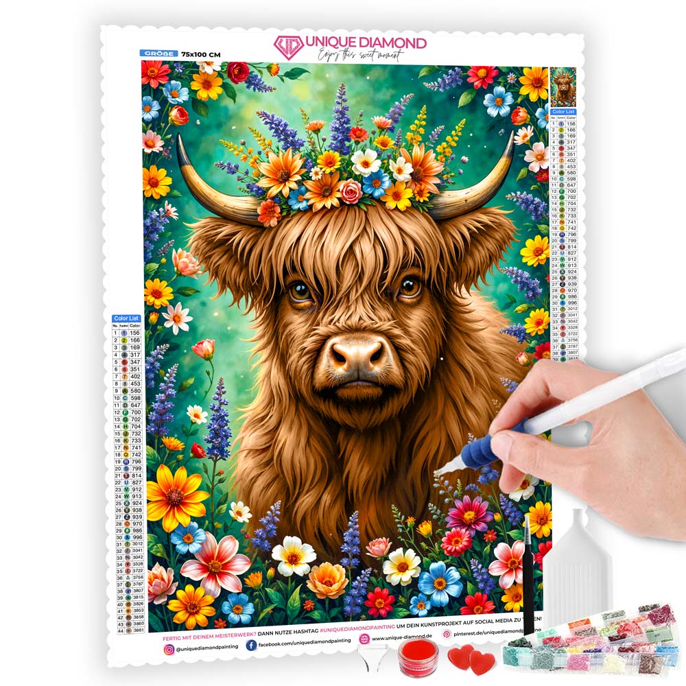 5D Diamond Painting AB Effekt – Blumenkrone des Hochlandrinds, Unique-Diamond