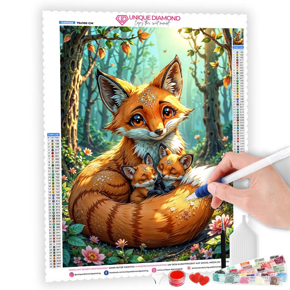 5D Diamond Painting AB Effekt – Fuchsfamilie im Zauberwald, Unique-Diamond