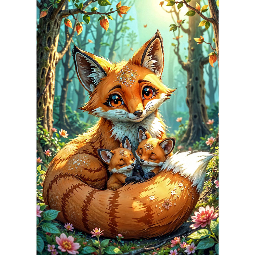 5D Diamond Painting AB Effekt – Fuchsfamilie im Zauberwald, Unique-Diamond