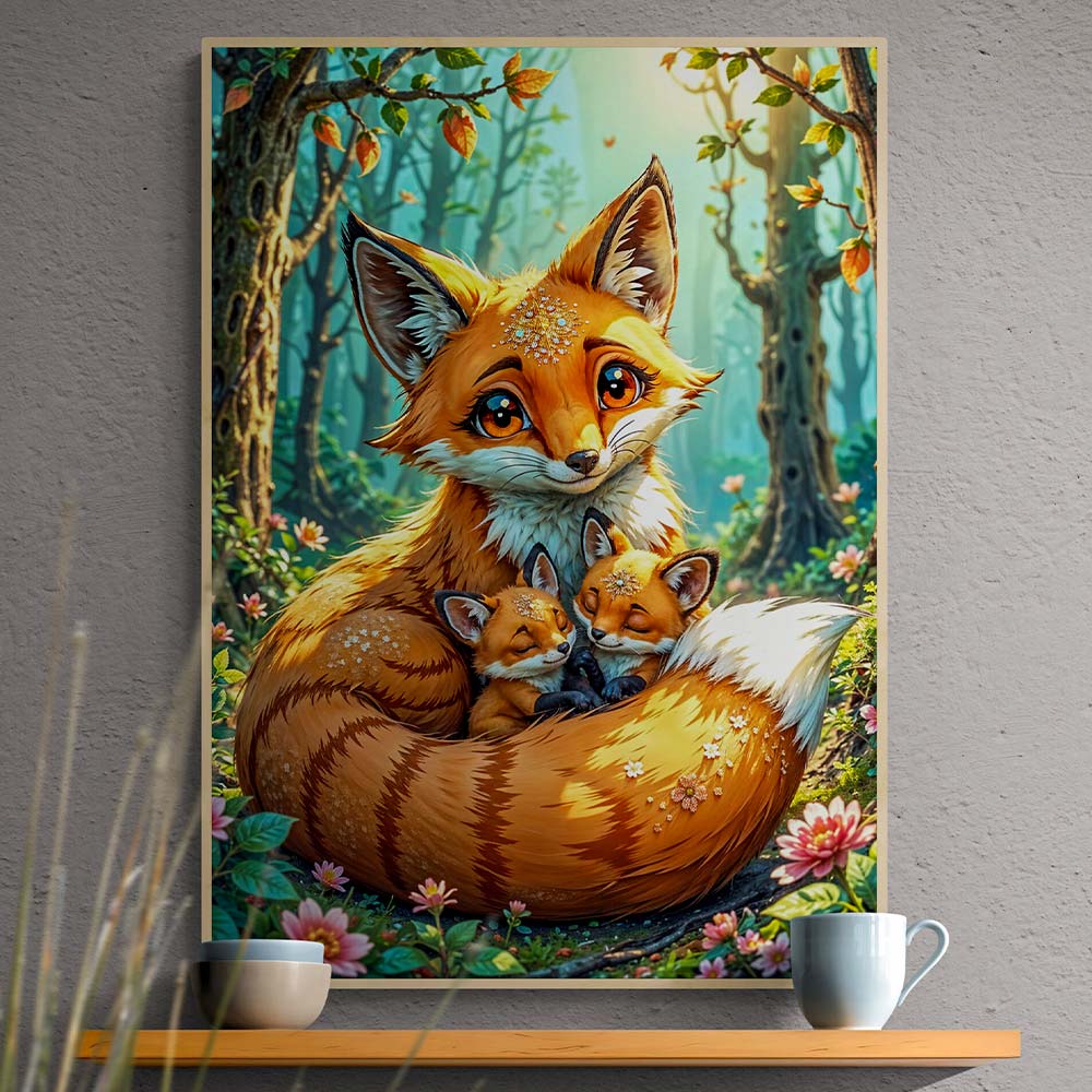 5D Diamond Painting AB Effekt – Fuchsfamilie im Zauberwald, Unique-Diamond