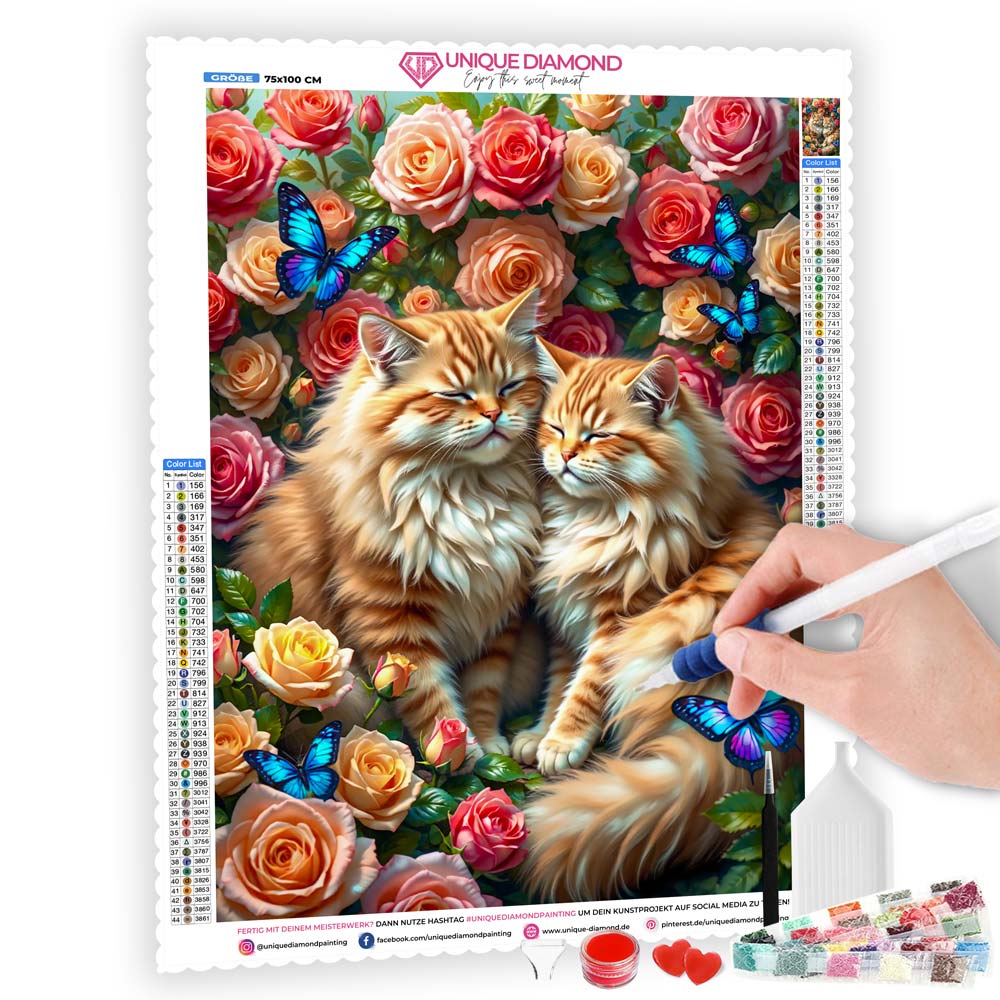 5D Diamond Painting AB Effekt – Kuschelkätzchen im Rosengarten, Unique-Diamond