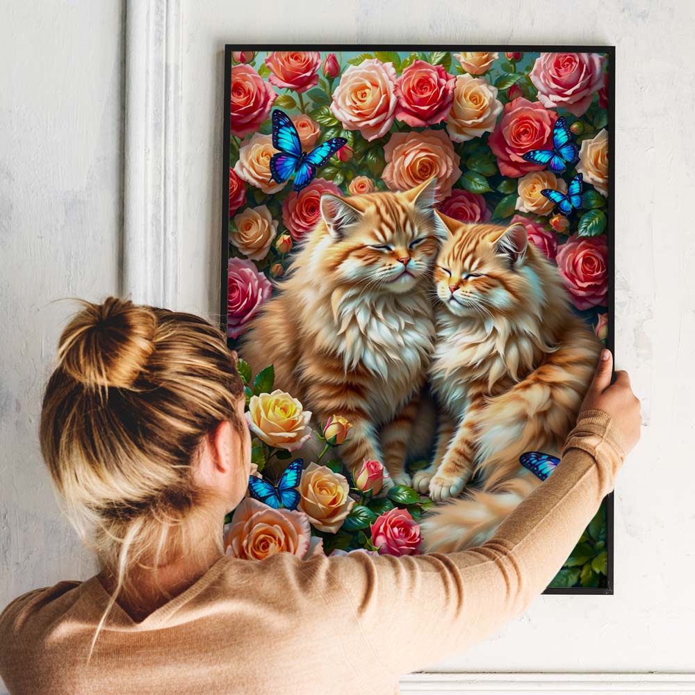 5D Diamond Painting AB Effekt – Kuschelkätzchen im Rosengarten, Unique-Diamond