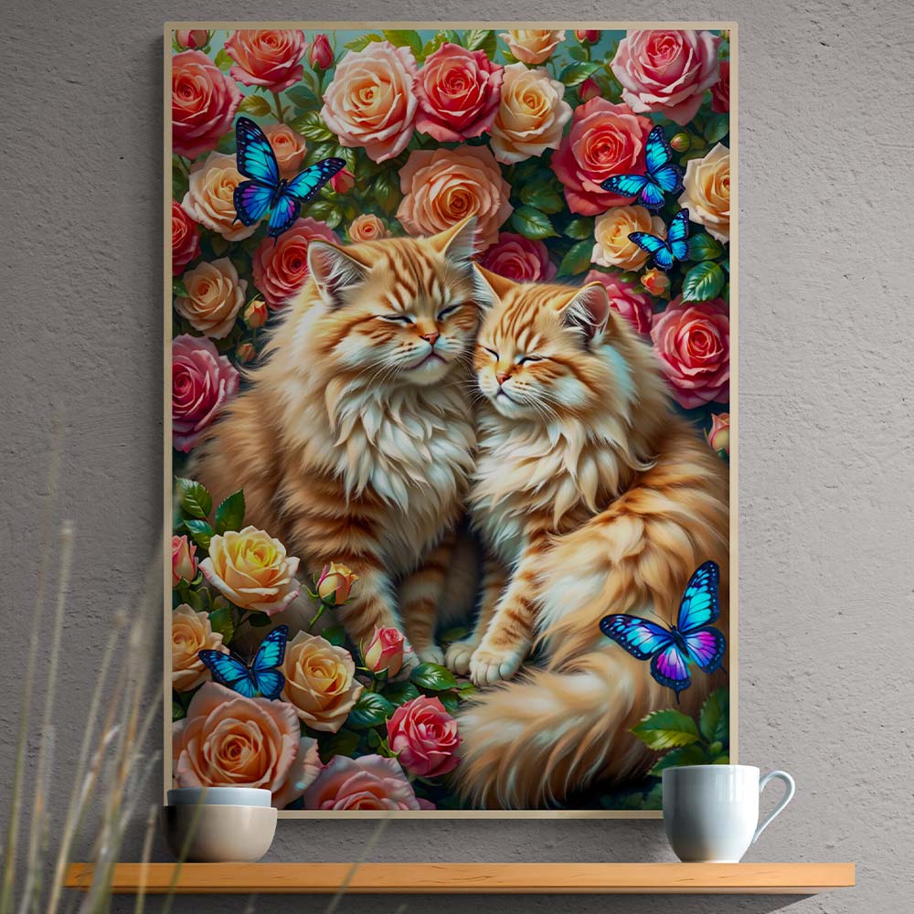 5D Diamond Painting AB Effekt – Kuschelkätzchen im Rosengarten, Unique-Diamond