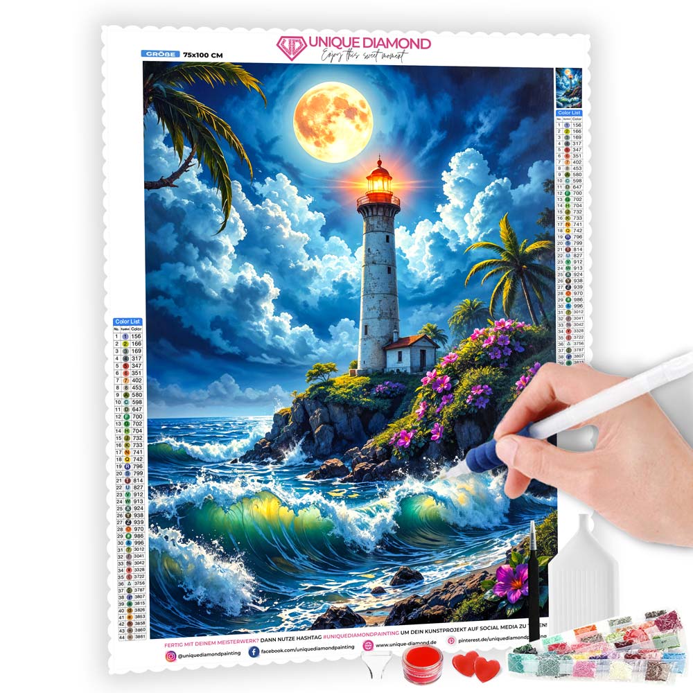 5D Diamond Painting AB Effekt – Mondschein-Leuchtturm, Unique-Diamond