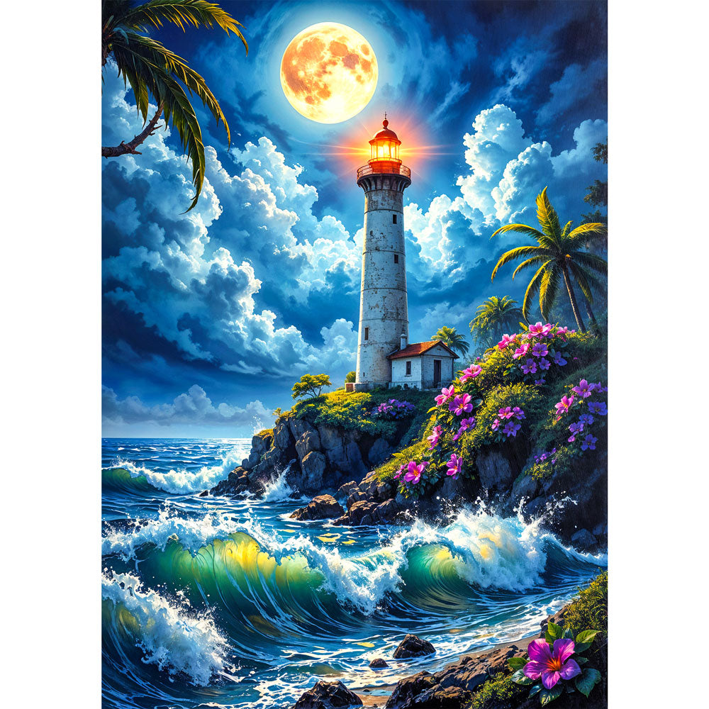 5D Diamond Painting AB Effekt – Mondschein-Leuchtturm, Unique-Diamond