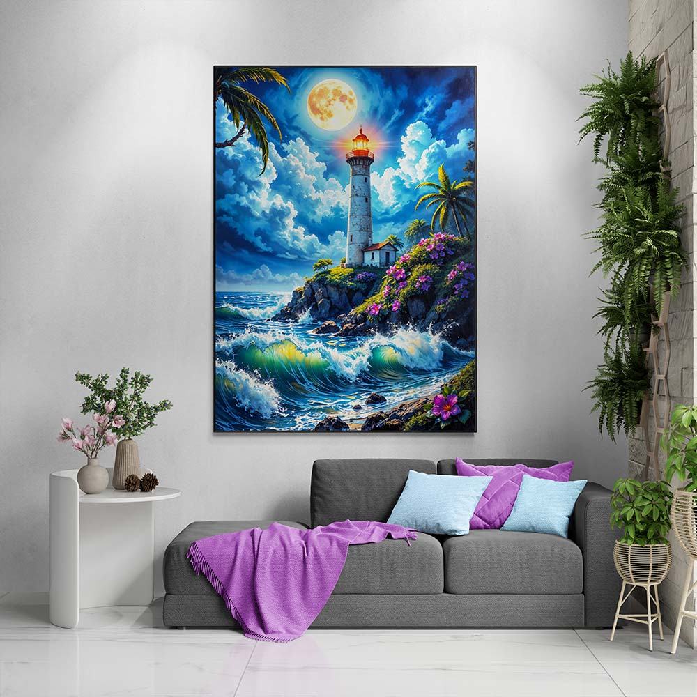 5D Diamond Painting AB Effekt – Mondschein-Leuchtturm, Unique-Diamond