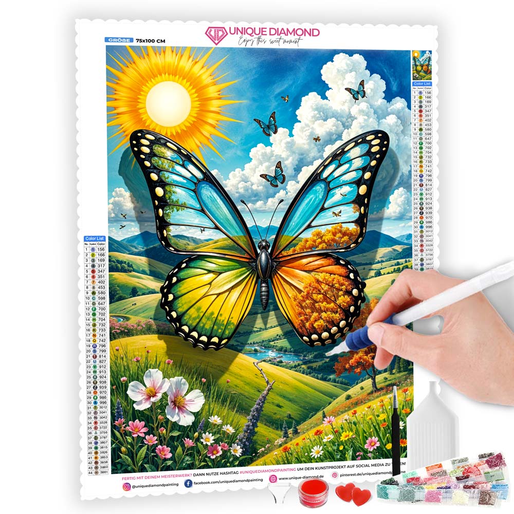 5D Diamond Painting AB Effekt – Schmetterlingszauber der Jahreszeiten, Unique-Diamond