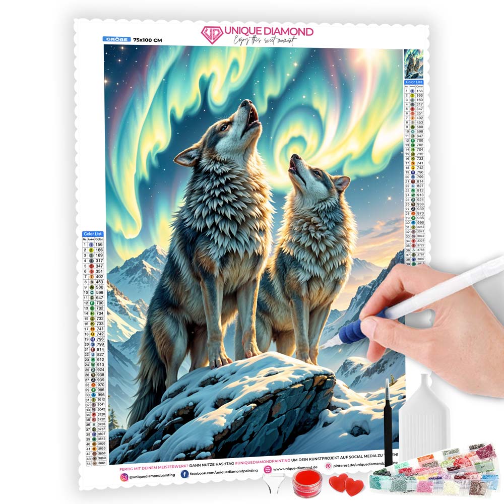 5D Diamond Painting AB Effekt – Wölfe im Nordlicht, Unique-Diamond