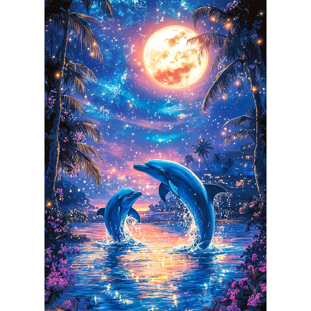 5D Diamond Painting AB Steine - Delfinträume im Mondschein, Unique-Diamond