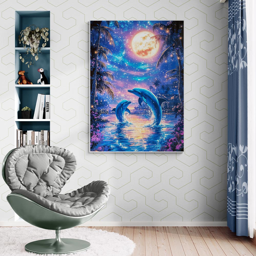 5D Diamond Painting AB Steine - Delfinträume im Mondschein, Unique-Diamond