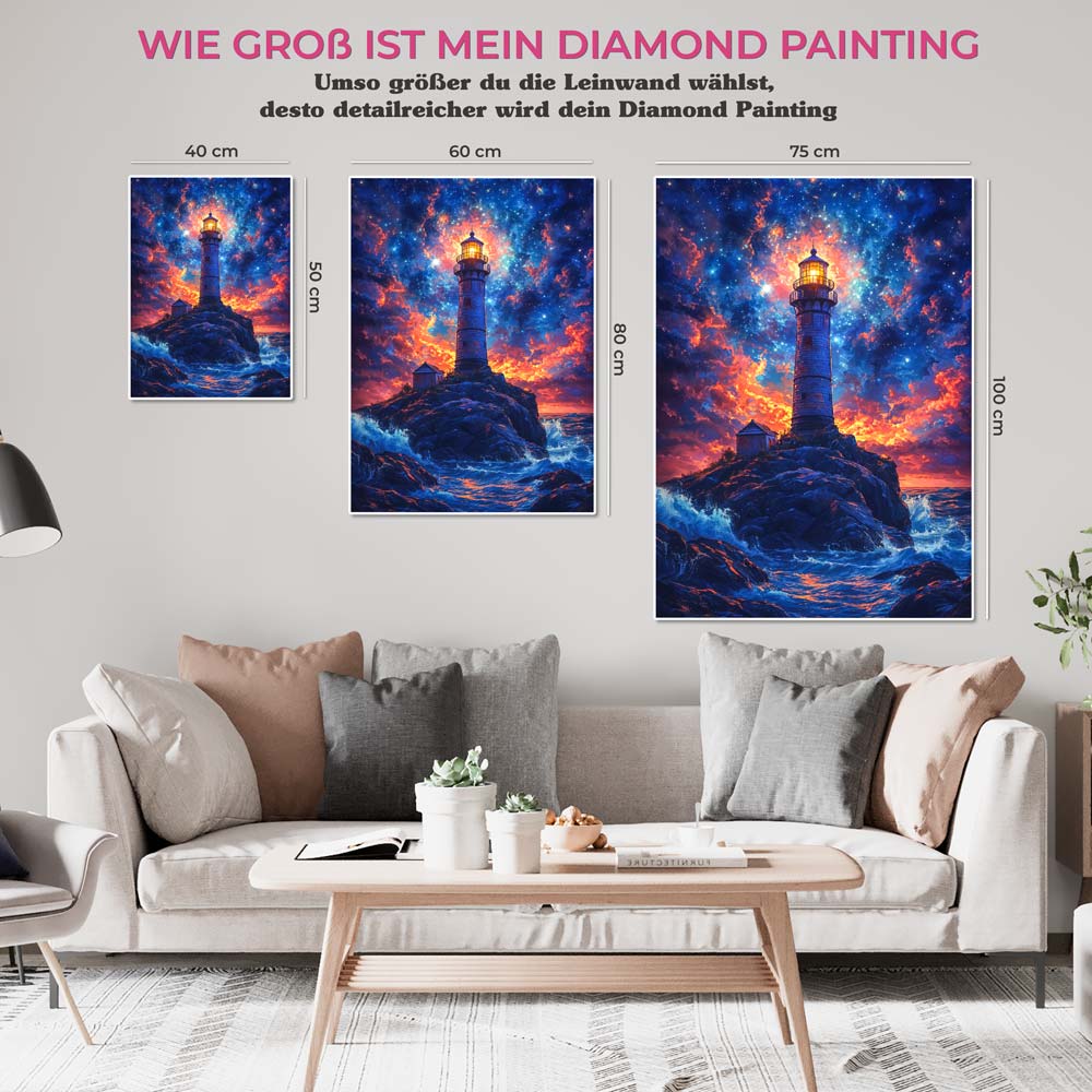 5D Diamond Painting AB Steine - Leuchtturm unter Sternenhimmel mit 100 Farben, Unique-Diamond