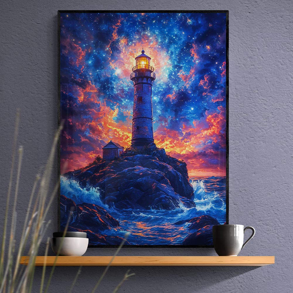 5D Diamond Painting AB Steine - Leuchtturm unter Sternenhimmel mit 100 Farben, Unique-Diamond