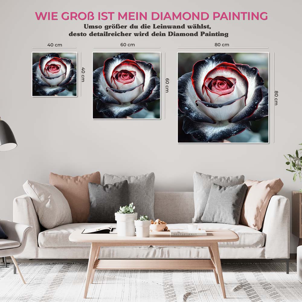 5D Diamond Painting AB Steine - Mystische Schwarz-Weiß-Rose mit 100 Farben, Unique-Diamond