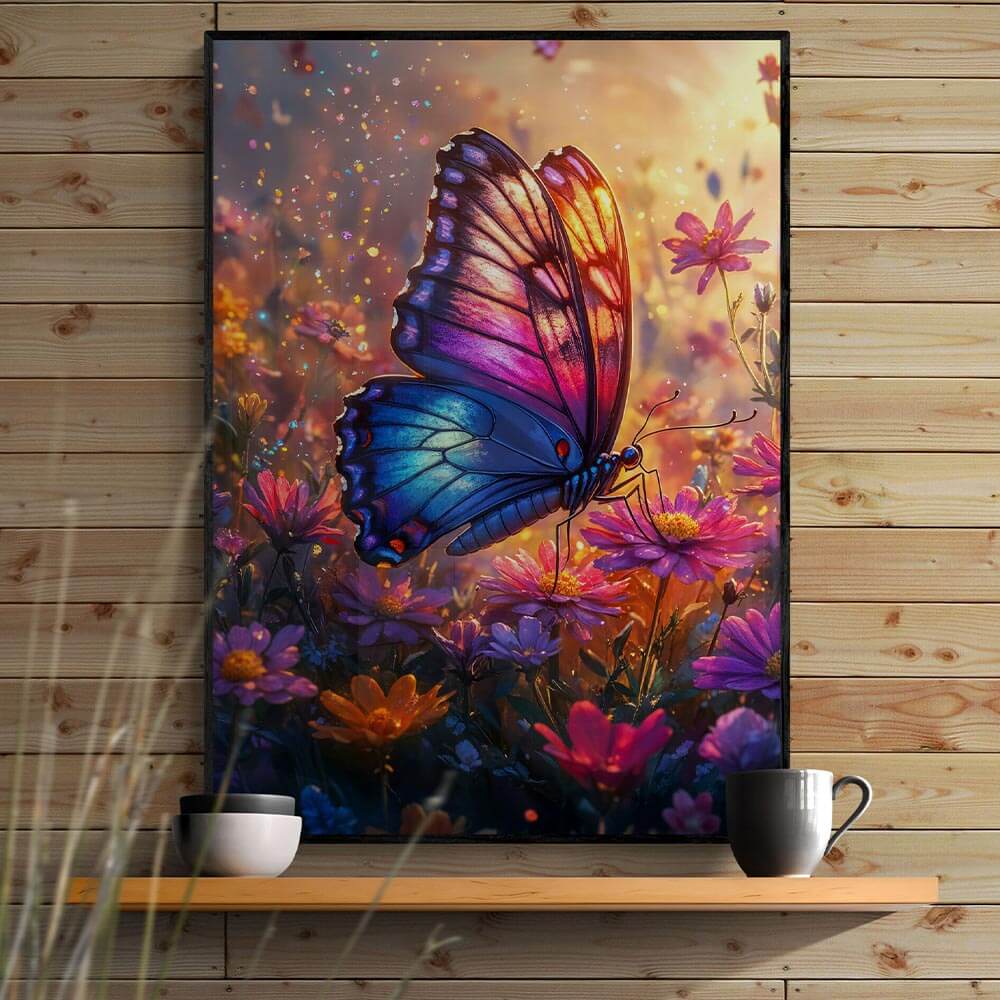 5D Diamond Painting AB Steine - Schmetterling im Blumenmeer, Unique-Diamond