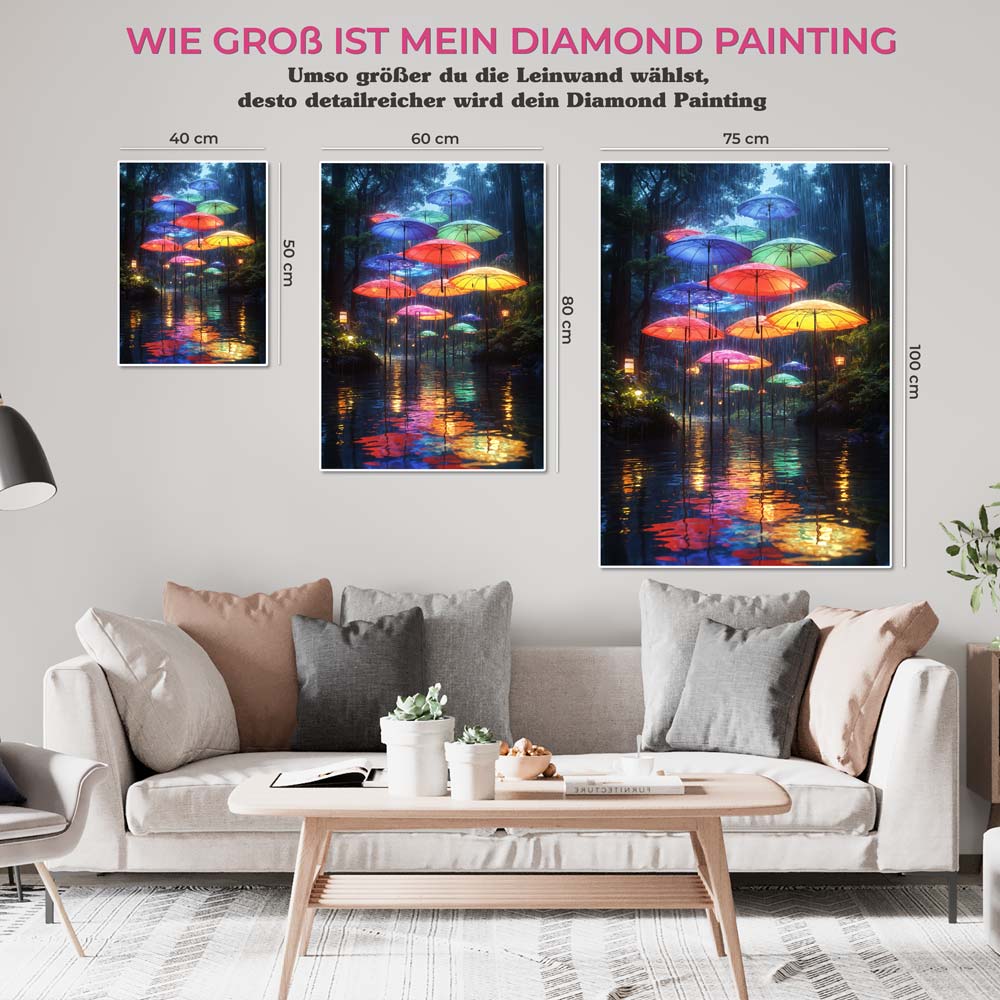 5D Diamond Painting AB Steine - Schwebende Regenschirme im Zauberwald mit 100 Farben, Unique-Diamond