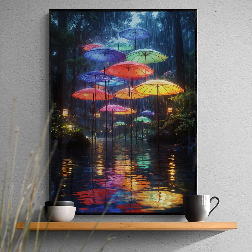 5D Diamond Painting AB Steine - Schwebende Regenschirme im Zauberwald mit 100 Farben, Unique-Diamond