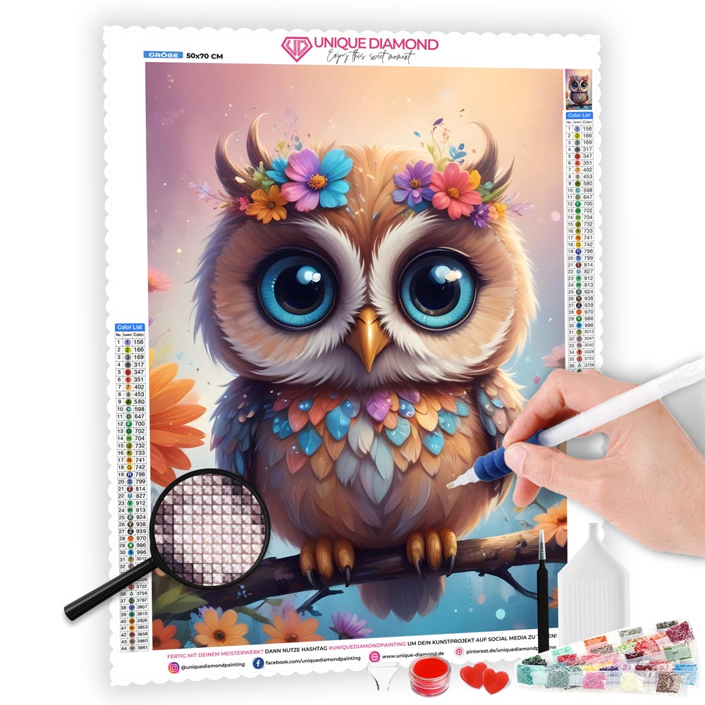 5D Diamond Painting AB Steine Baby Eule mit 100 Farben, Unique-Diamond