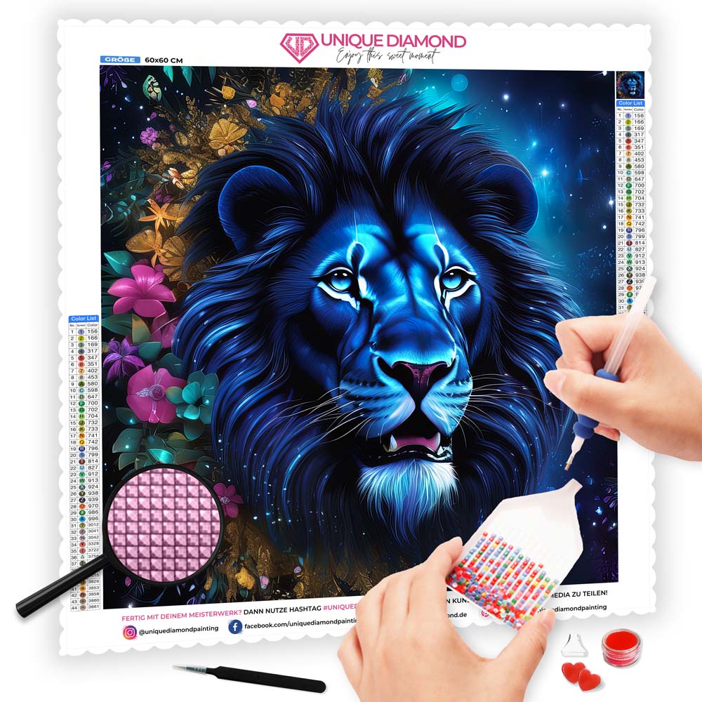 5D Diamond Painting AB Steine Blue Lion With Flowers, Unique-Diamond