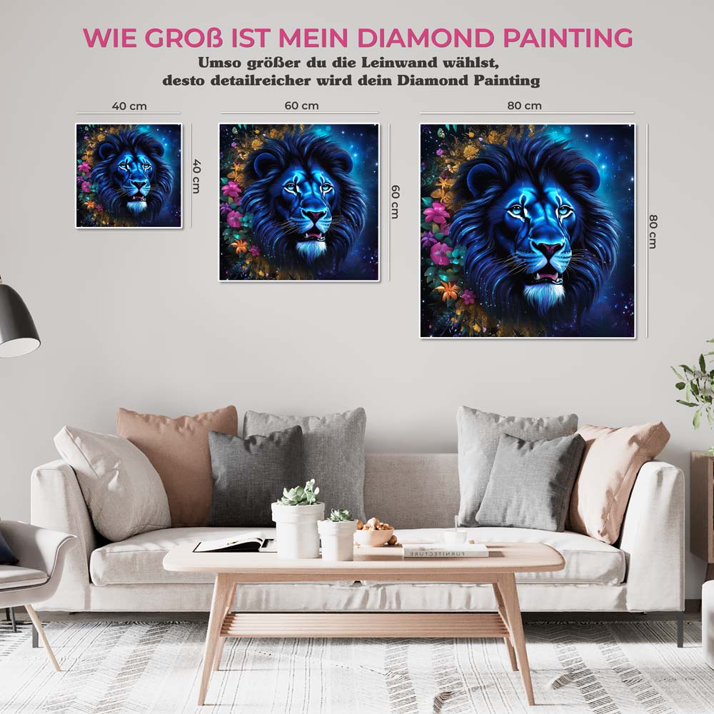 5D Diamond Painting AB Steine Blue Lion With Flowers, Unique-Diamond