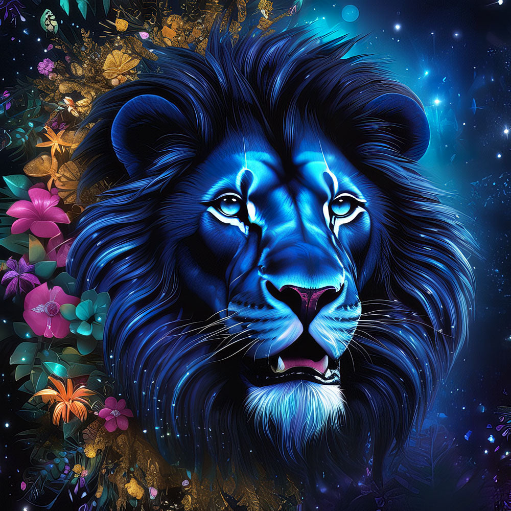 5D Diamond Painting AB Steine Blue Lion With Flowers, Unique-Diamond