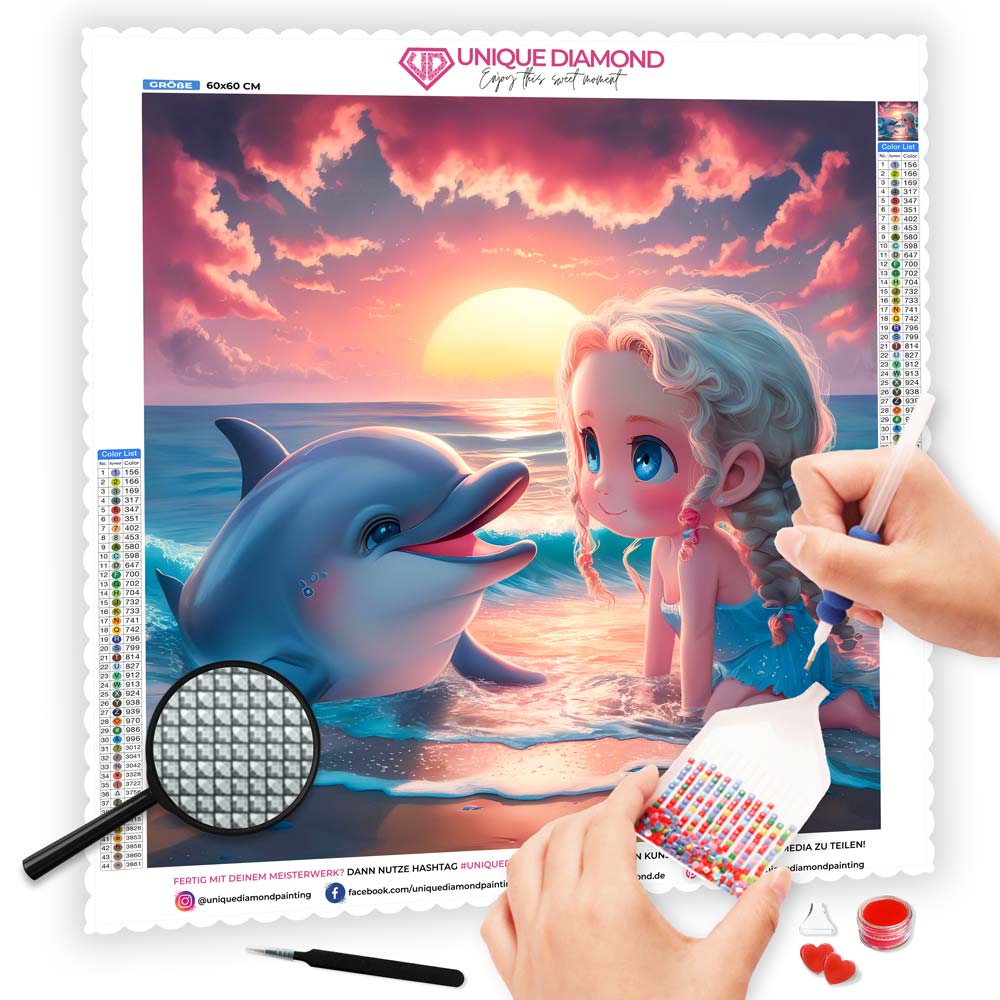 5D Diamond Painting AB Steine Child With Dolphin, Unique-Diamond