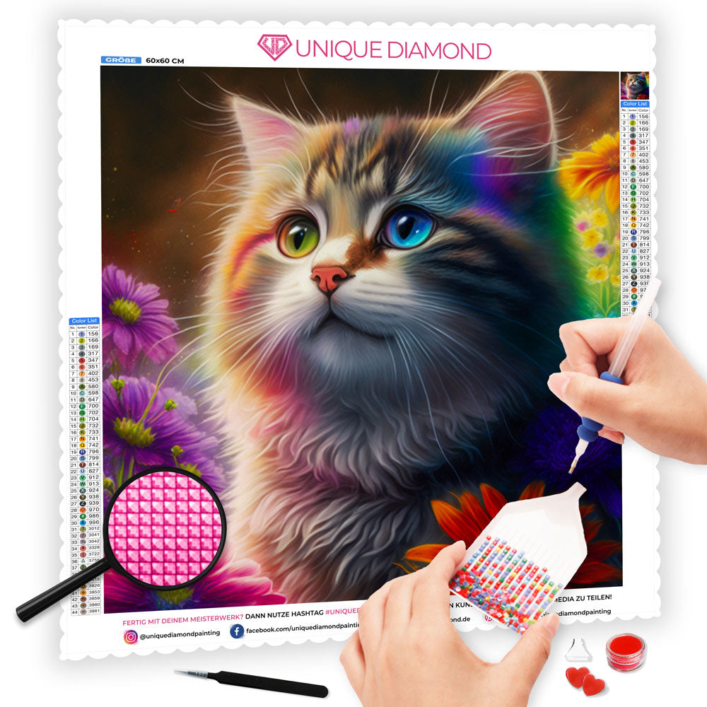 5D Diamond Painting AB Steine Colorful Cat In Flowers, Unique-Diamond