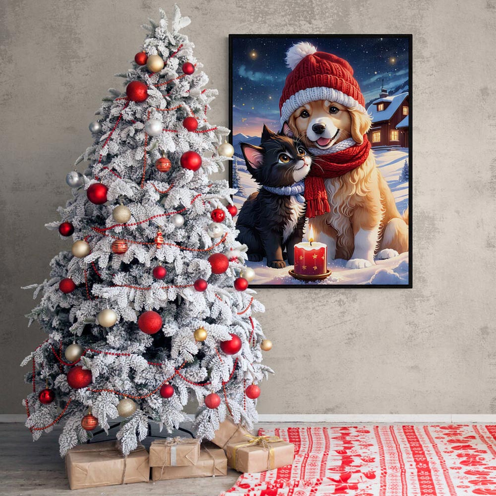 5D Diamond Painting AB Steine Dog And Cat At Christmas, Unique-Diamond