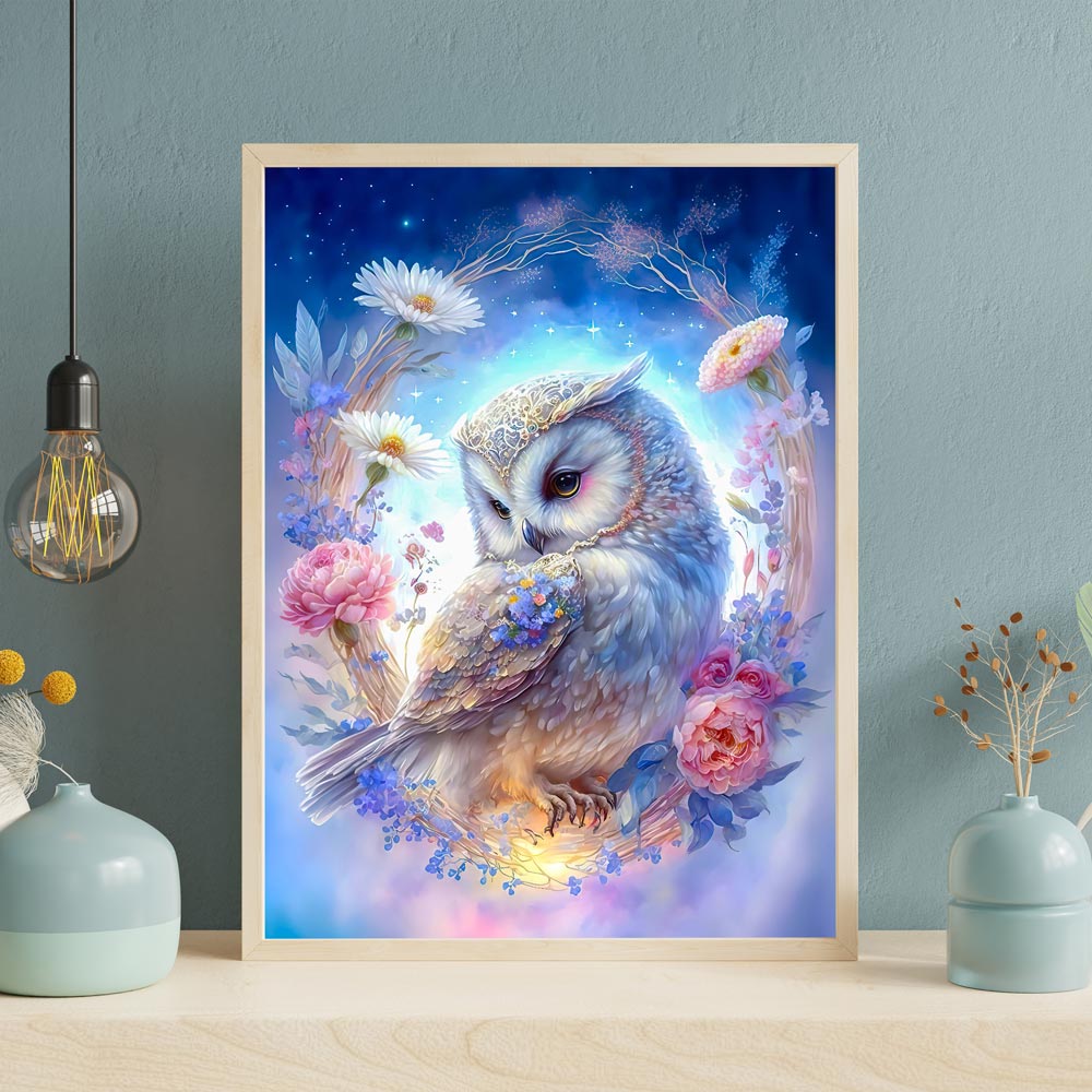 5D Diamond Painting AB Steine Eule mit Blumen, Unique-Diamond