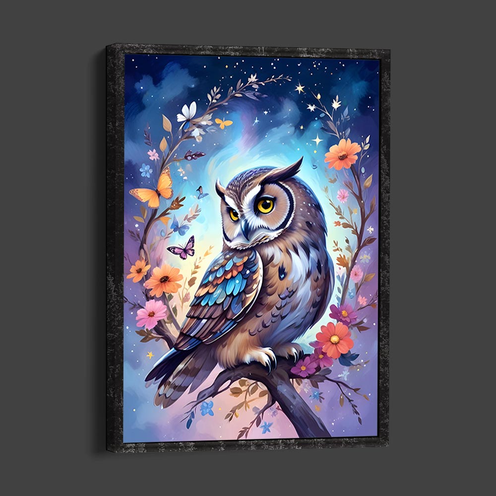 5D Diamond Painting AB Steine Eule mit Blumen mit 100 Farben, Unique-Diamond