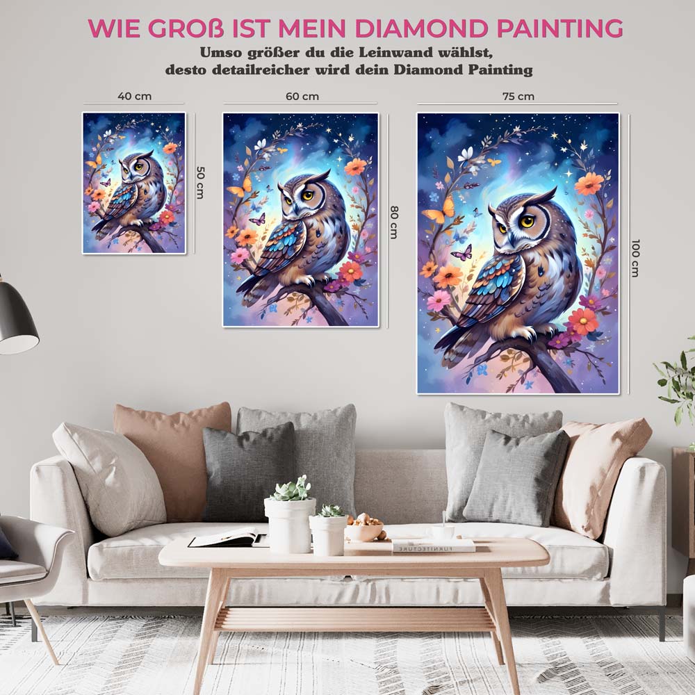 5D Diamond Painting AB Steine Eule mit Blumen mit 100 Farben, Unique-Diamond
