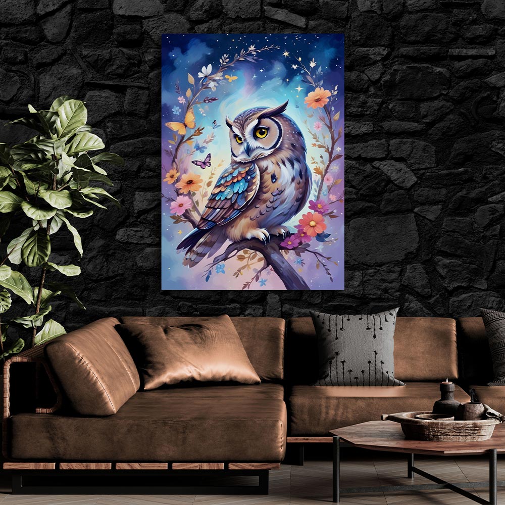 5D Diamond Painting AB Steine Eule mit Blumen mit 100 Farben, Unique-Diamond