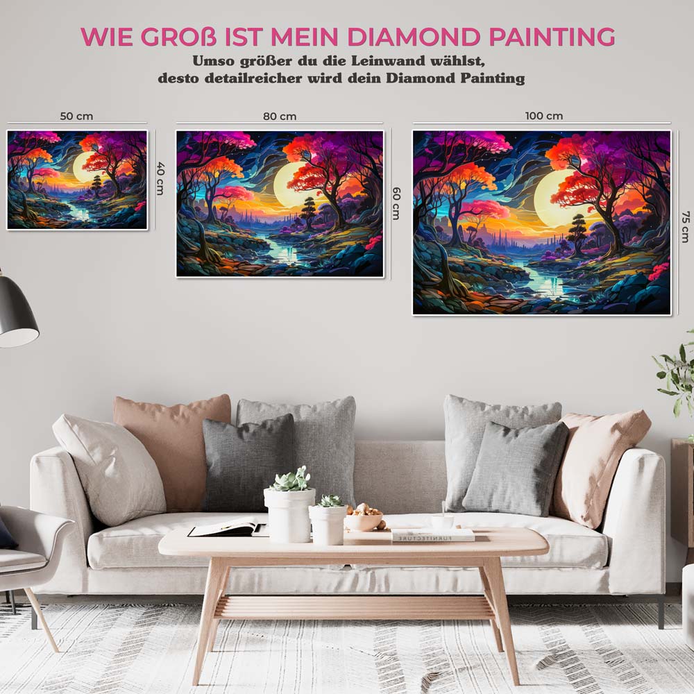 5D Diamond Painting AB Steine Fantasy Landschaft in Mondschein, Unique-Diamond