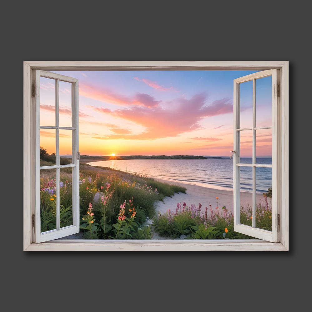 5D Diamond Painting AB Steine Fenster Strandblick mit 100 Farben, Unique-Diamond
