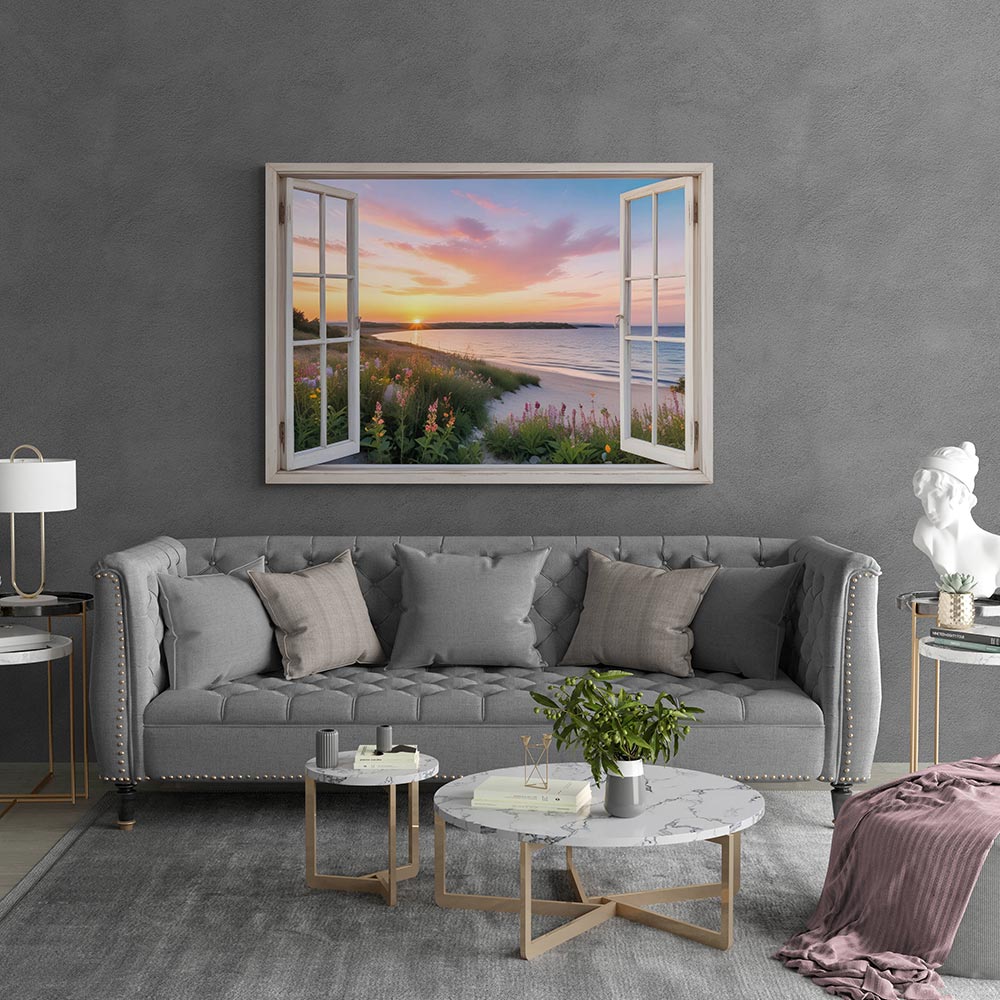 5D Diamond Painting AB Steine Fenster Strandblick mit 100 Farben, Unique-Diamond