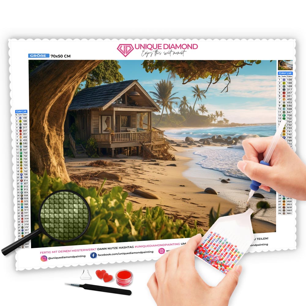 5D Diamond Painting AB Steine Hütte Am Strand, Unique-Diamond