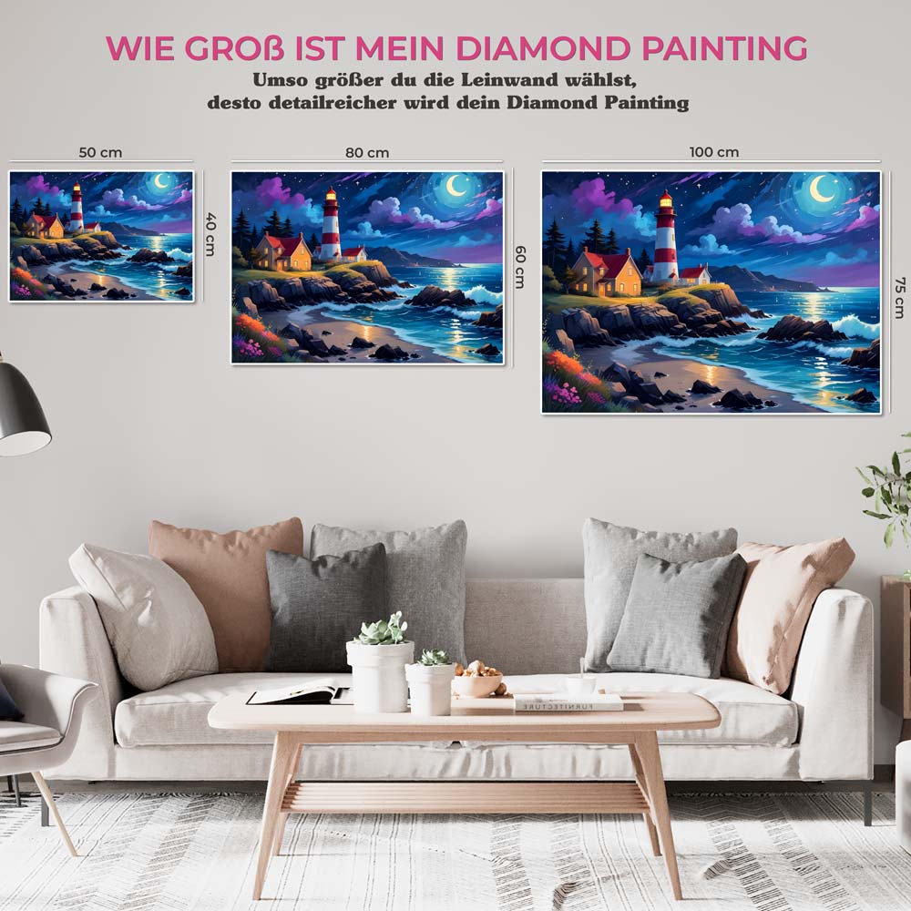5D Diamond Painting AB Steine Lighthouse In The Moonlight mit 100 Farben, Unique-Diamond