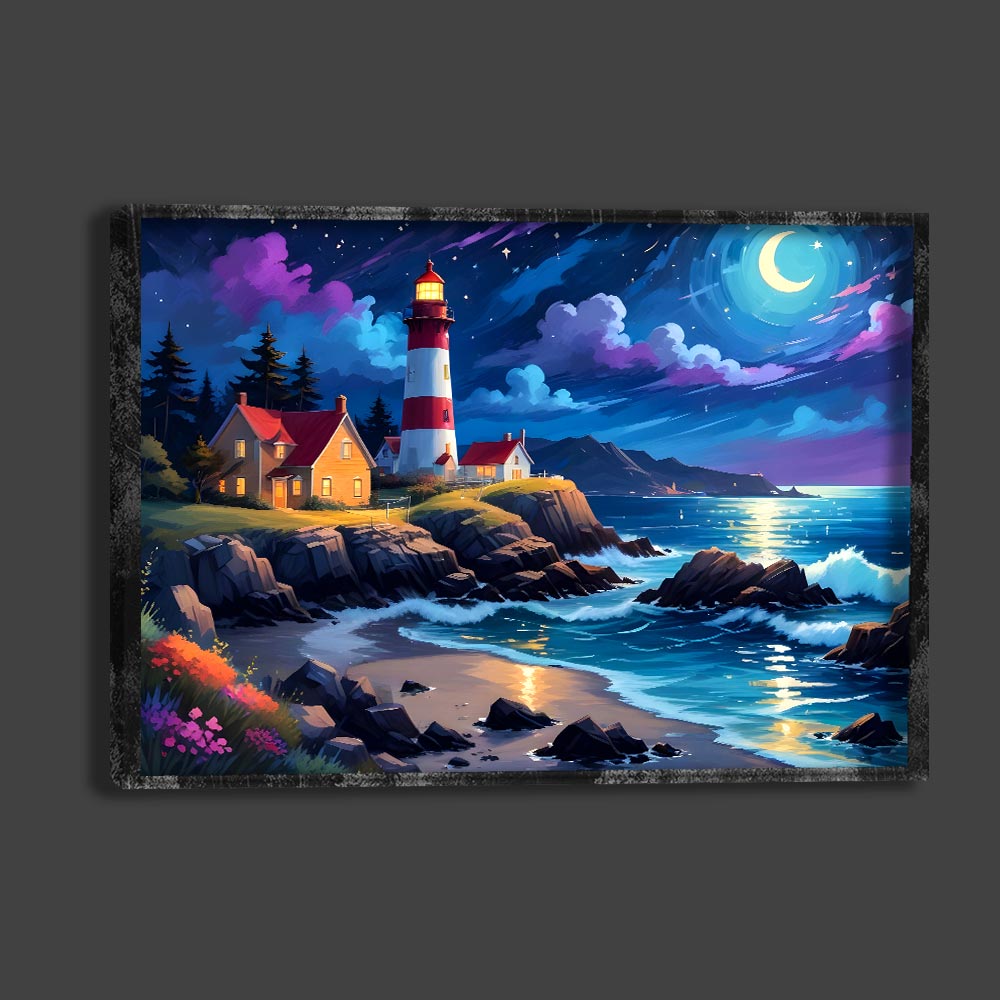5D Diamond Painting AB Steine Lighthouse In The Moonlight mit 100 Farben, Unique-Diamond
