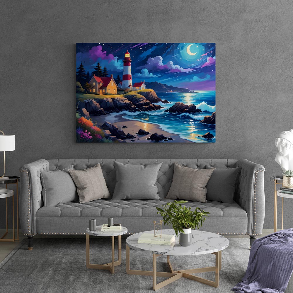 5D Diamond Painting AB Steine Lighthouse In The Moonlight mit 100 Farben, Unique-Diamond