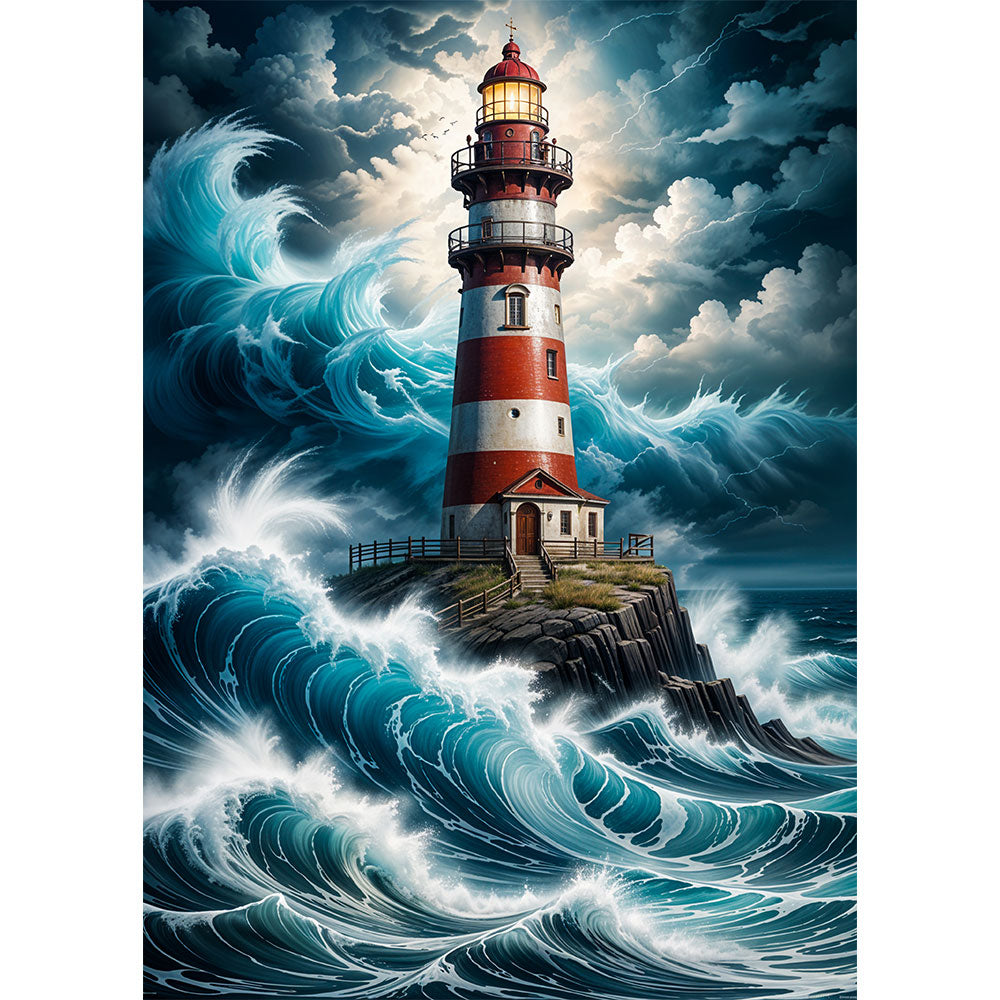 5D Diamond Painting AB Steine Lighthouse Storm mit 100 Farben, Unique-Diamond